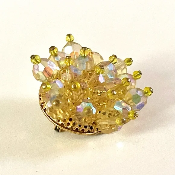 RELISTED Vintage Lemon Yellow Faceted Rhinestone and Brass Flower Brooch - Picture 9 of 14